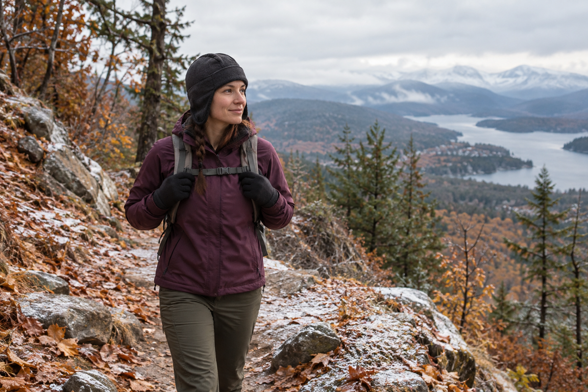 Hiker wearing an ear-covering cap on a frosty autumn mountain trail