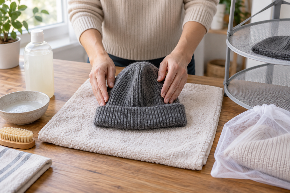 Hands reshaping a gray knit beanie on a towel beside gentle cleaning supplies