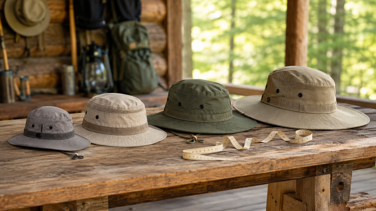 Outdoor hats in different sizes beside a measuring tape