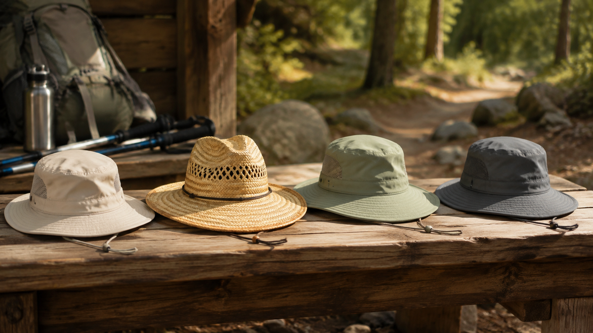 Outdoor hats with different brim styles arranged at a trailhead