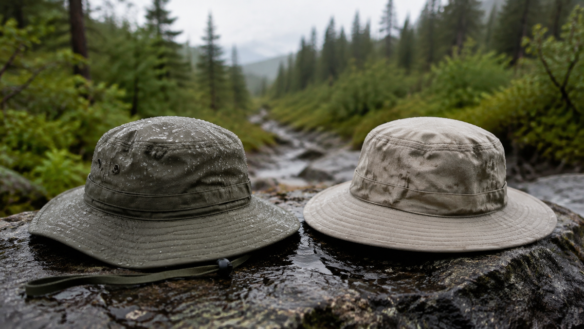 Two outdoor hats in wet conditions after rainfall