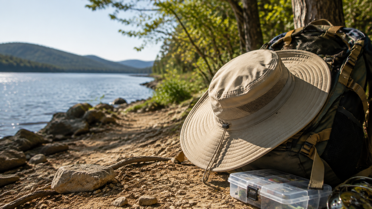 Wide brim sun hat beside hiking and fishing gear at a lakeside trail