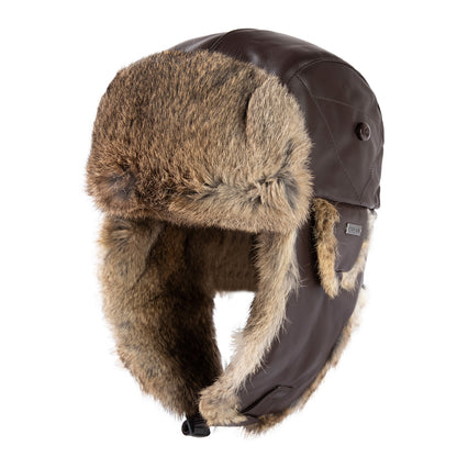 Real Rabbit Fur Leather Trapper Hat with Sheepskin & Earflaps