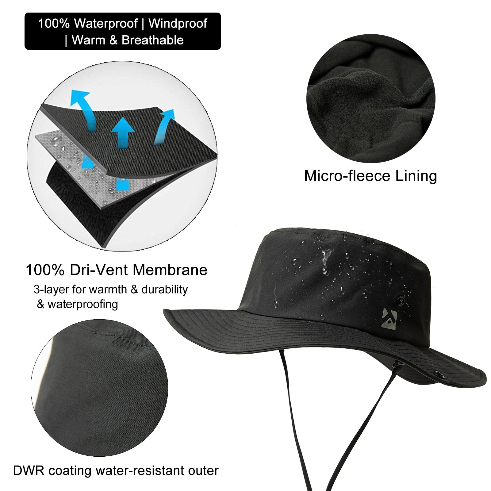 Waterproof Bucket Rain Hat Fleece Lined M/L/XL/XXL TOP-EX