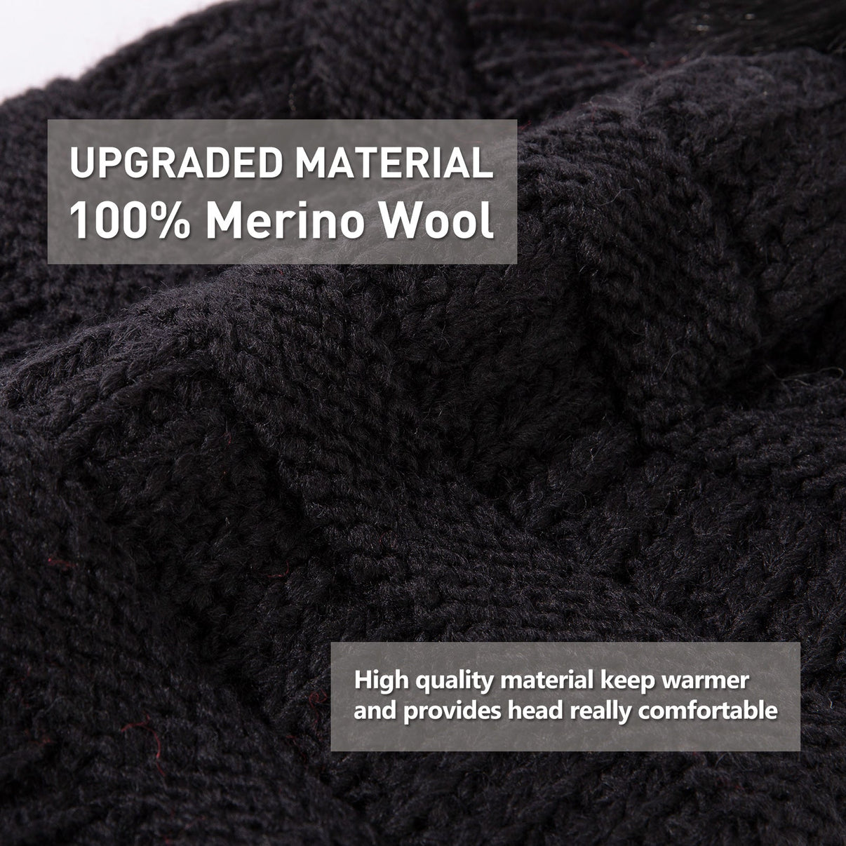 100% Merino Wool Slouchy Pom Beanies Fleece&Satin Lined TOP-EX