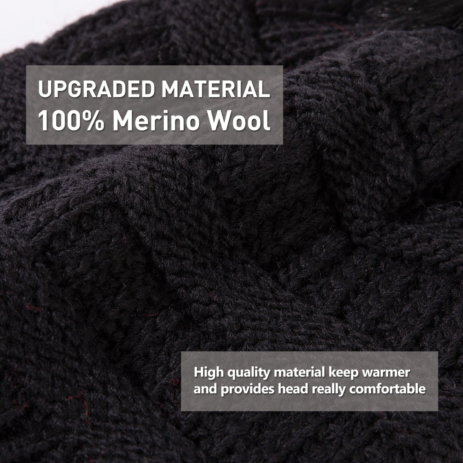 100% Merino Wool Slouchy Pom Beanies Fleece&Satin Lined TOP-EX