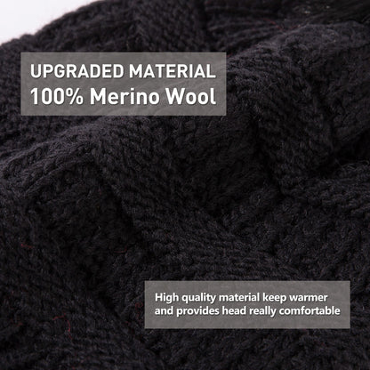 100% Merino Wool Slouchy Pom Beanies Fleece&Satin Lined TOP-EX