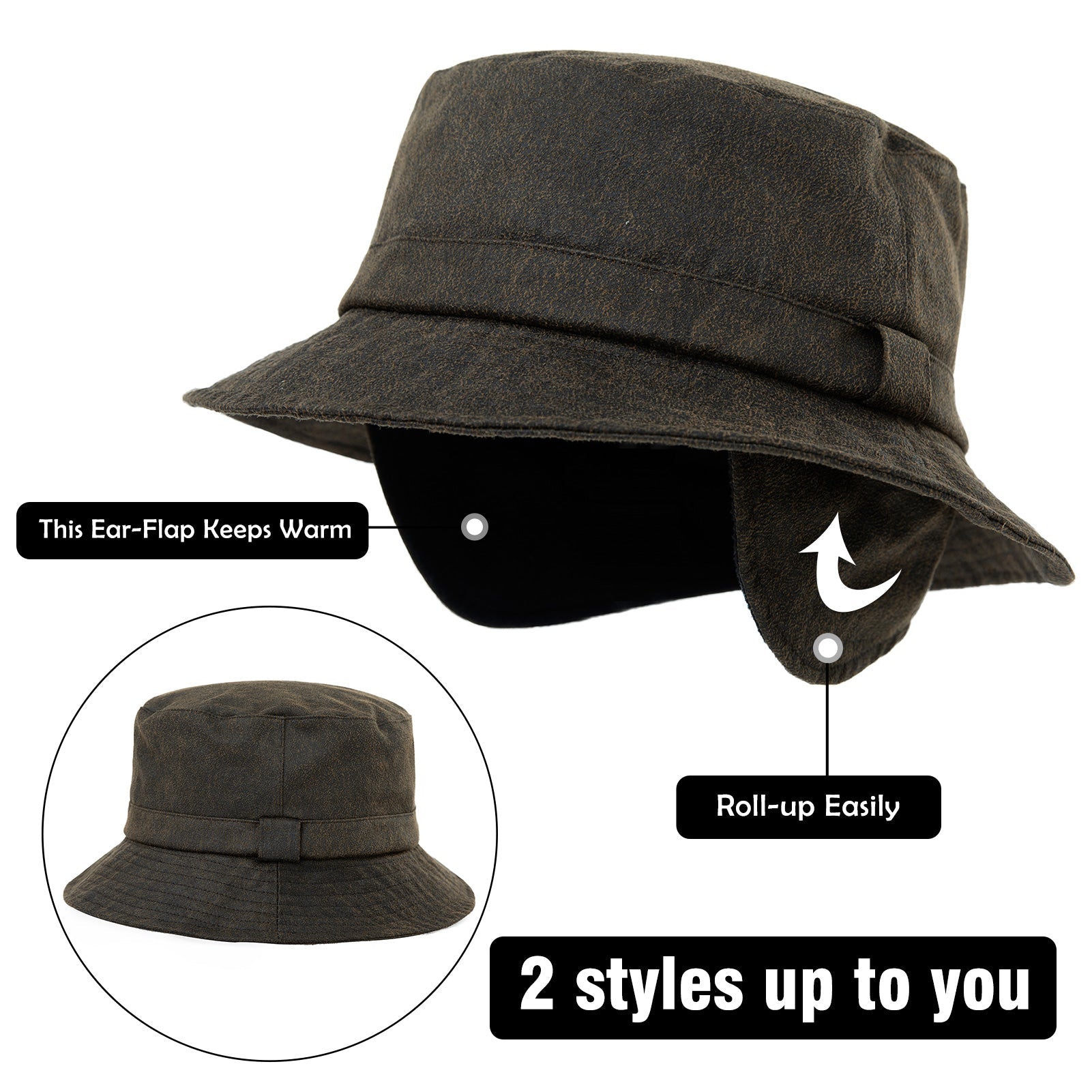 Waterproof Waxed Cotton Bucket Hat with Fleece-Lined Ear Flaps - Unisex Winter Hat (L/XL/XXL) TOP-EX