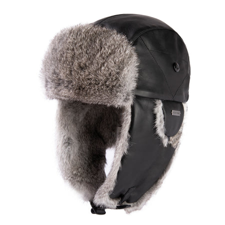 Real Rabbit Fur Leather Trapper Hat with Sheepskin & Earflaps