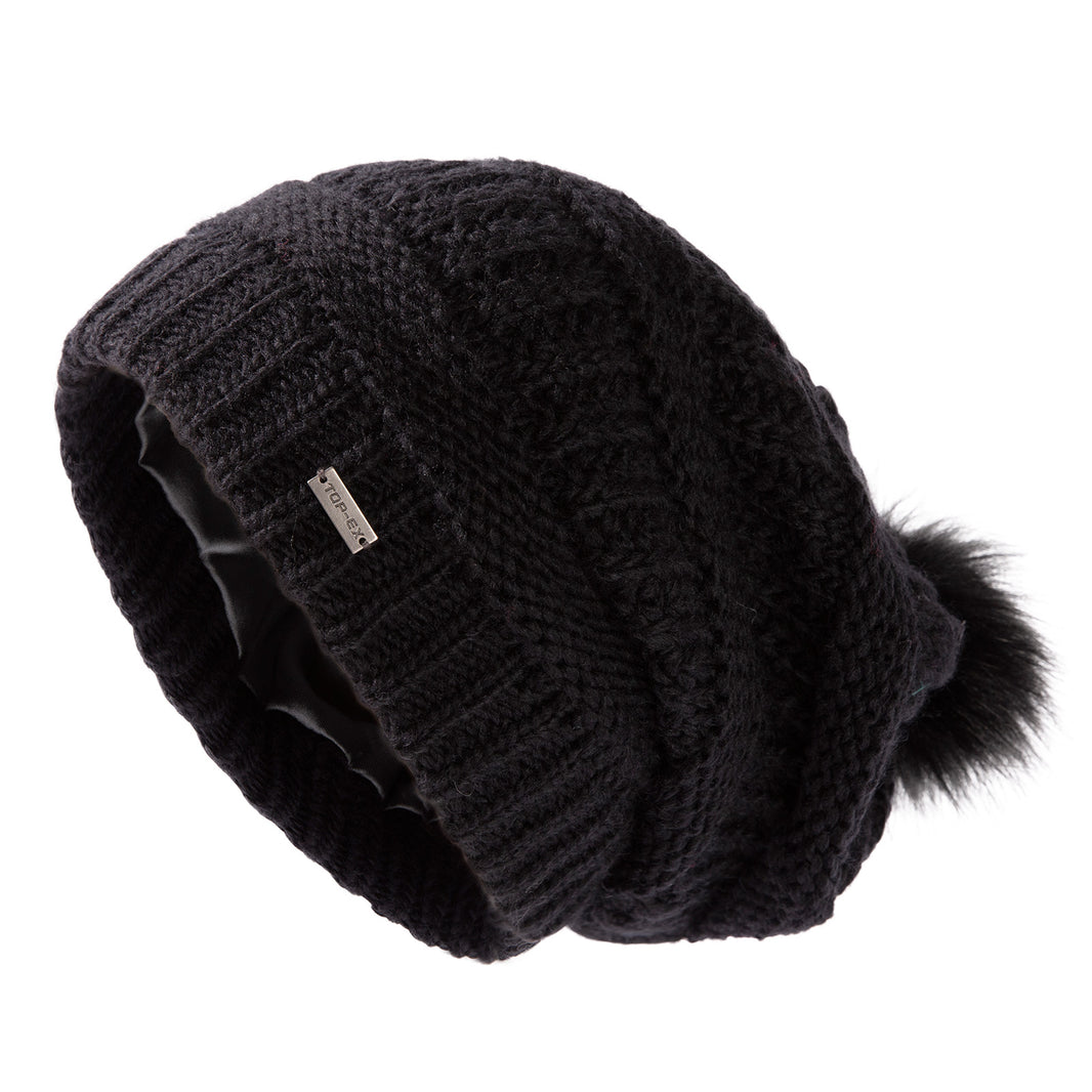 100% Merino Wool Slouchy Pom Beanie – Satin or Fleece Lined for Warmth & Comfort