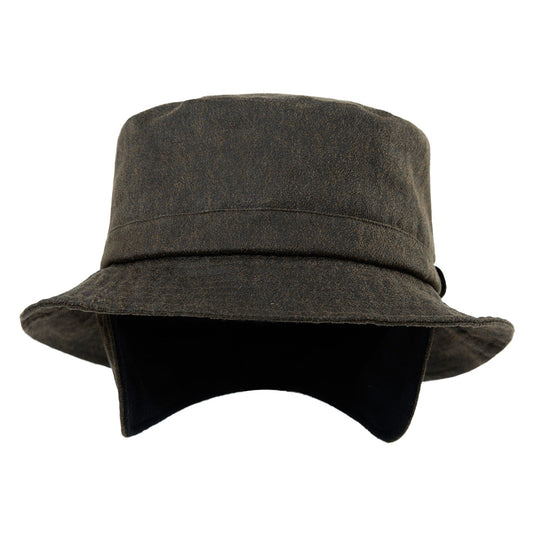 Waterproof Waxed Cotton Bucket Hat with Fleece-Lined Ear Flaps - Unisex Winter Hat (L/XL/XXL) TOP-EX