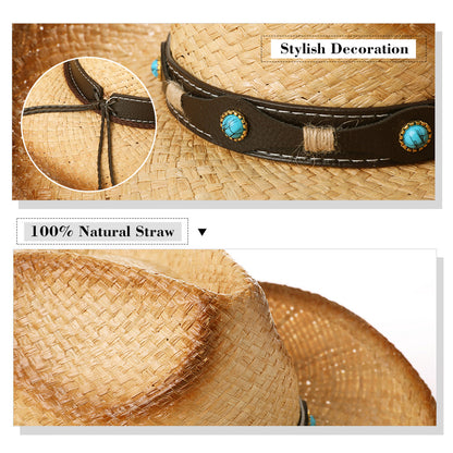 Raffia Straw Western Cowboy Hat with Chin Cord & Shapeable Brim