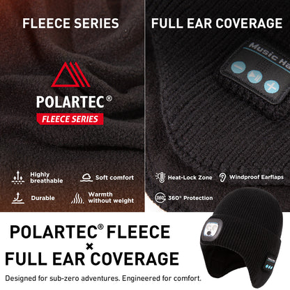 Fleece Lined LED Bluetooth Beanie with Ear Flaps, USB Rechargeable Winter Hat