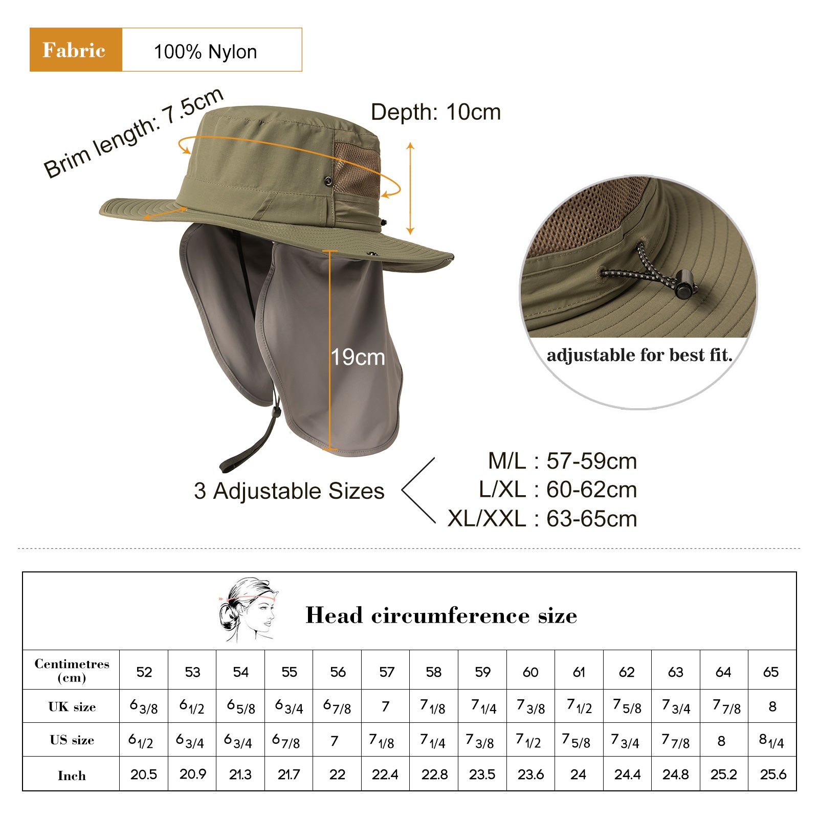 Sun Hat with Cooling Neck Flap Sunglass Lock M/L/XL/XXL TOP-EX