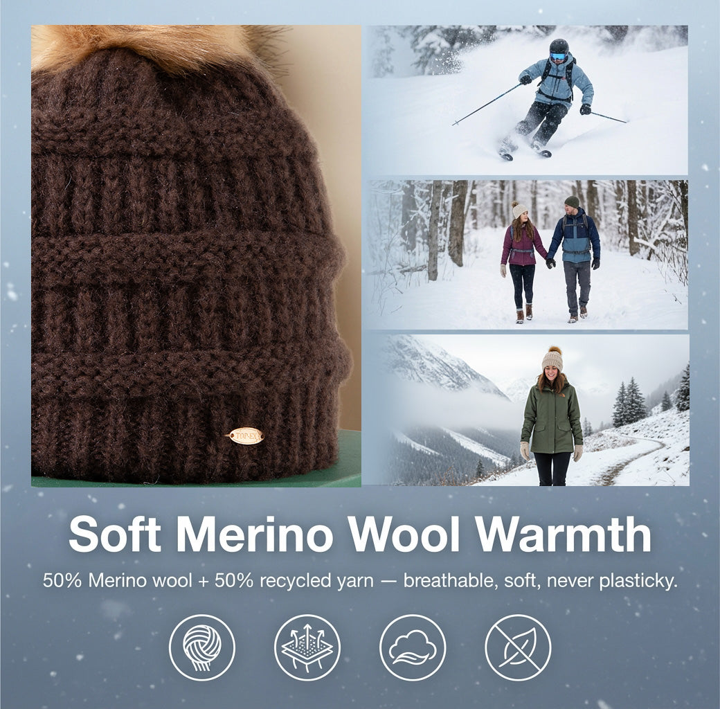 ChicPony Merino Wool Fleece-Lined Beanie with Ponytail Hole