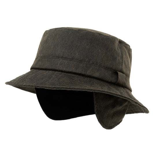 Waterproof Waxed Cotton Bucket Hat with Fleece-Lined Ear Flaps - Unisex Winter Hat (L/XL/XXL) TOP-EX