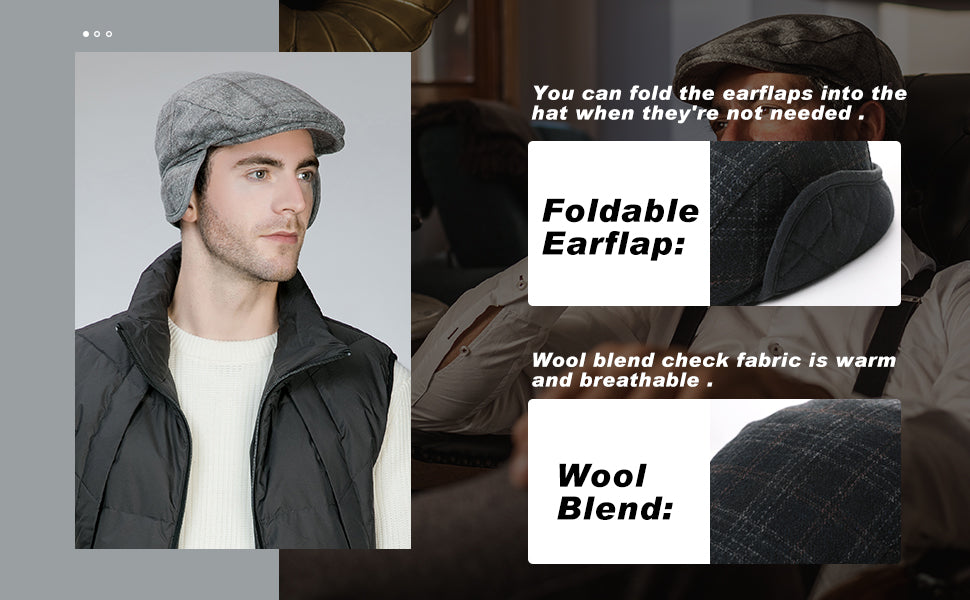 TOP-EX Mens Newsboy Flat Caps Wool Cap Earflap Hats TOP-EX
