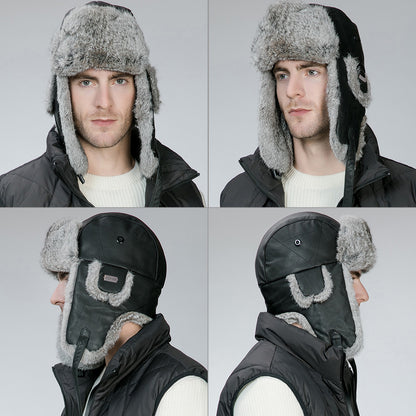 Real Rabbit Fur Leather Trapper Hat with Sheepskin & Earflaps