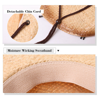 Raffia Straw Western Cowboy Hat with Chin Cord & Shapeable Brim
