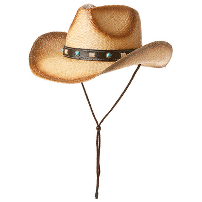 Raffia Straw Western Cowboy Hat with Chin Cord & Shapeable Brim