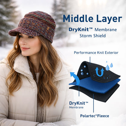 DryKnit™ Waterproof Visor Beanie for Women Fleece Lined Knit Winter Hat Warm & Stylish
