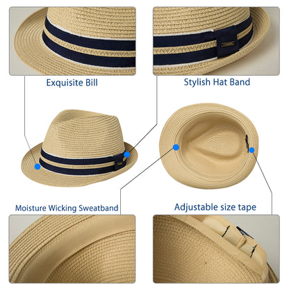 Oversized XL/XXL Straw Fedora Sun Hat, Panama Derby Packable