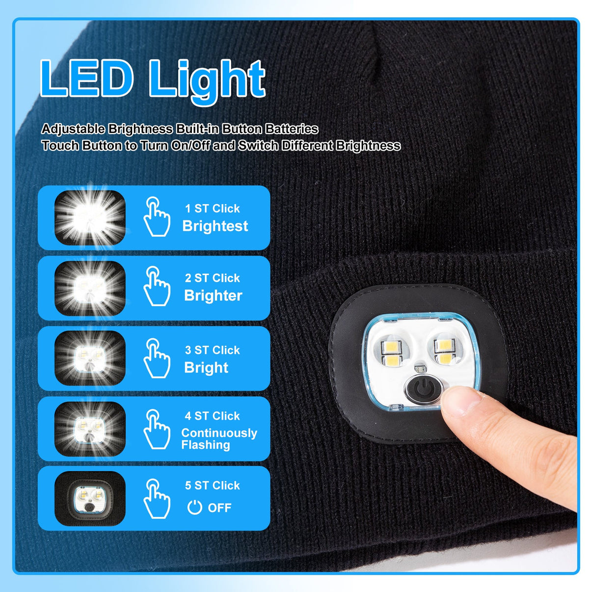 TOP-EX L/XL/XXL Waterproof 50% Merino Wool LED Rechargeable Beanies TOP-EX