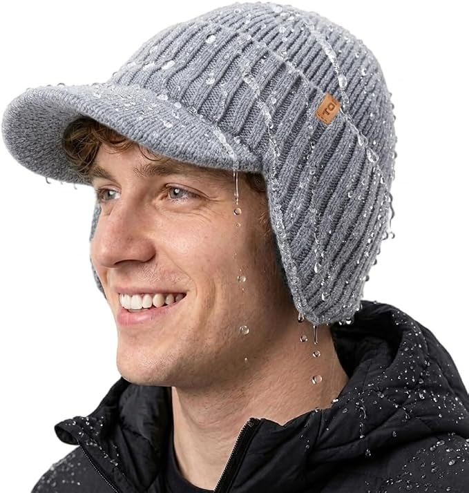 DryKnit™ Waterproof Merino Wool Beanie with Ear Flaps – Fleece Lined Winter Hat with Brim