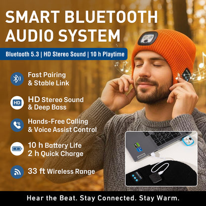 Fleece Lined LED Bluetooth Beanie with Ear Flaps, USB Rechargeable Winter Hat