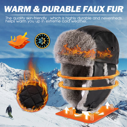 Real Rabbit Fur Leather Trapper Hat with Sheepskin & Earflaps