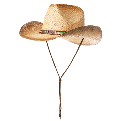 Western Raffia Straw Cowboy Fedora Hat with Chin Cord