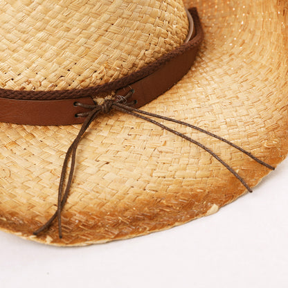 Western Raffia Straw Cowboy Fedora Hat with Chin Cord