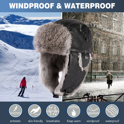 Real Rabbit Fur Leather Trapper Hat with Sheepskin & Earflaps