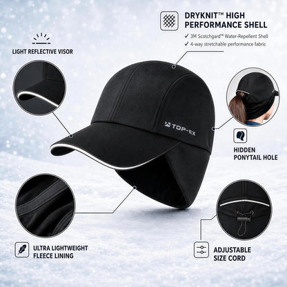 Water-Repellent Winter Baseball Cap with Ear Flap & Ponytail Hole