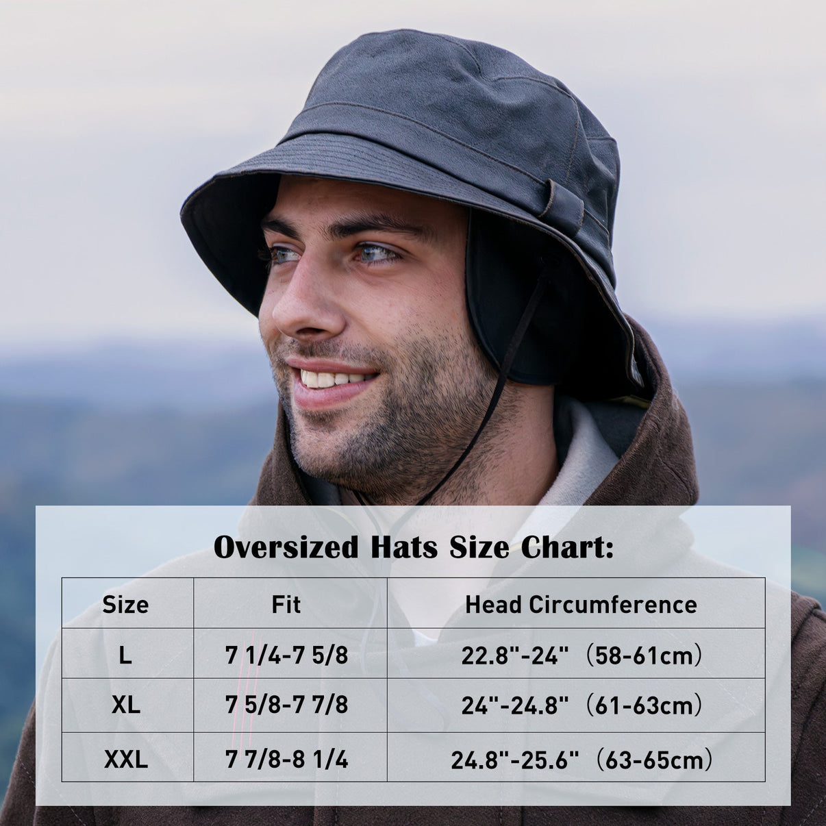 Waterproof Waxed Cotton Bucket Hat with Fleece-Lined Ear Flaps - Unisex Winter Hat (L/XL/XXL) TOP-EX