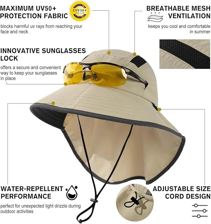 Wide Brim Sun Hat With Ear And Neck Flap – Bucket Style For Outdoors – Unisex One Size LJP