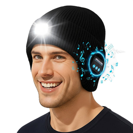 Fleece Lined LED Bluetooth Beanie with Ear Flaps, USB Rechargeable Winter Hat