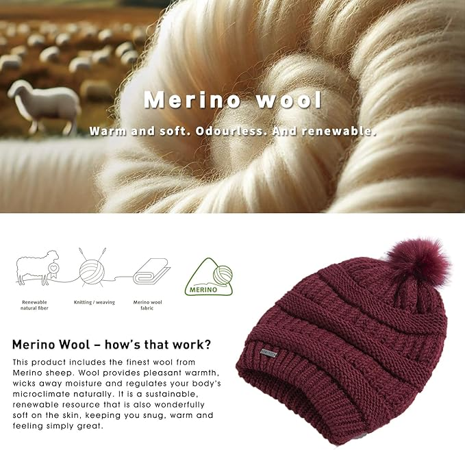 100% Merino Wool Slouchy Pom Beanie – Satin or Fleece Lined for Warmth & Comfort