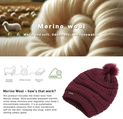 100% Merino Wool Slouchy Pom Beanie – Satin or Fleece Lined for Warmth & Comfort