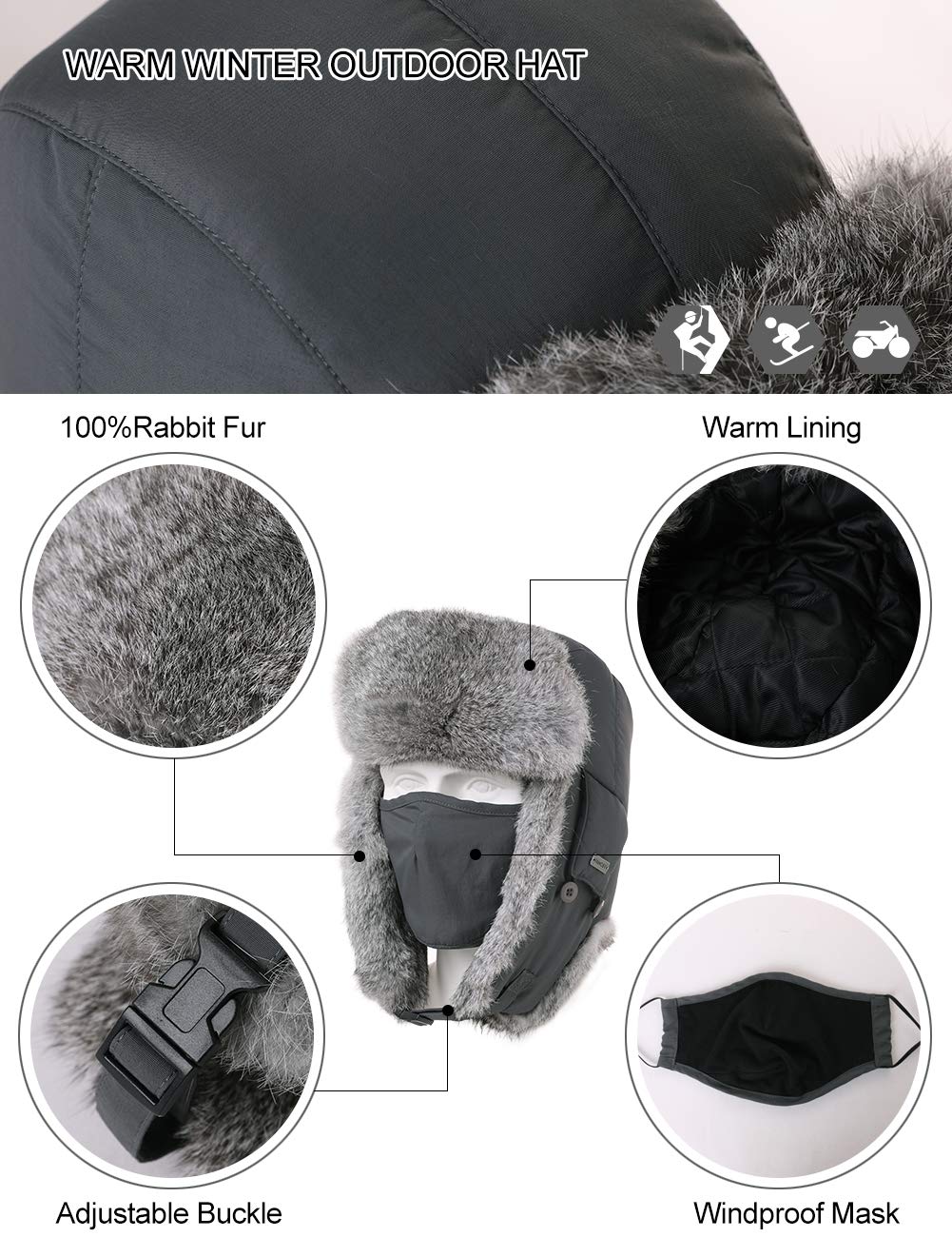 100% Rabbit Fur Russian Ushanka Earflap Trapper Hat M/L/XL/XXL/3XL TOP-EX