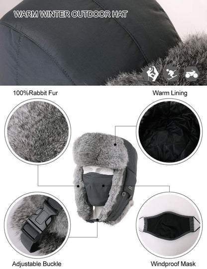 100% Rabbit Fur Russian Ushanka Earflap Trapper Hat M/L/XL/XXL/3XL TOP-EX