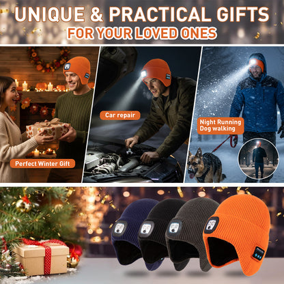 Fleece Lined LED Bluetooth Beanie with Ear Flaps, USB Rechargeable Winter Hat