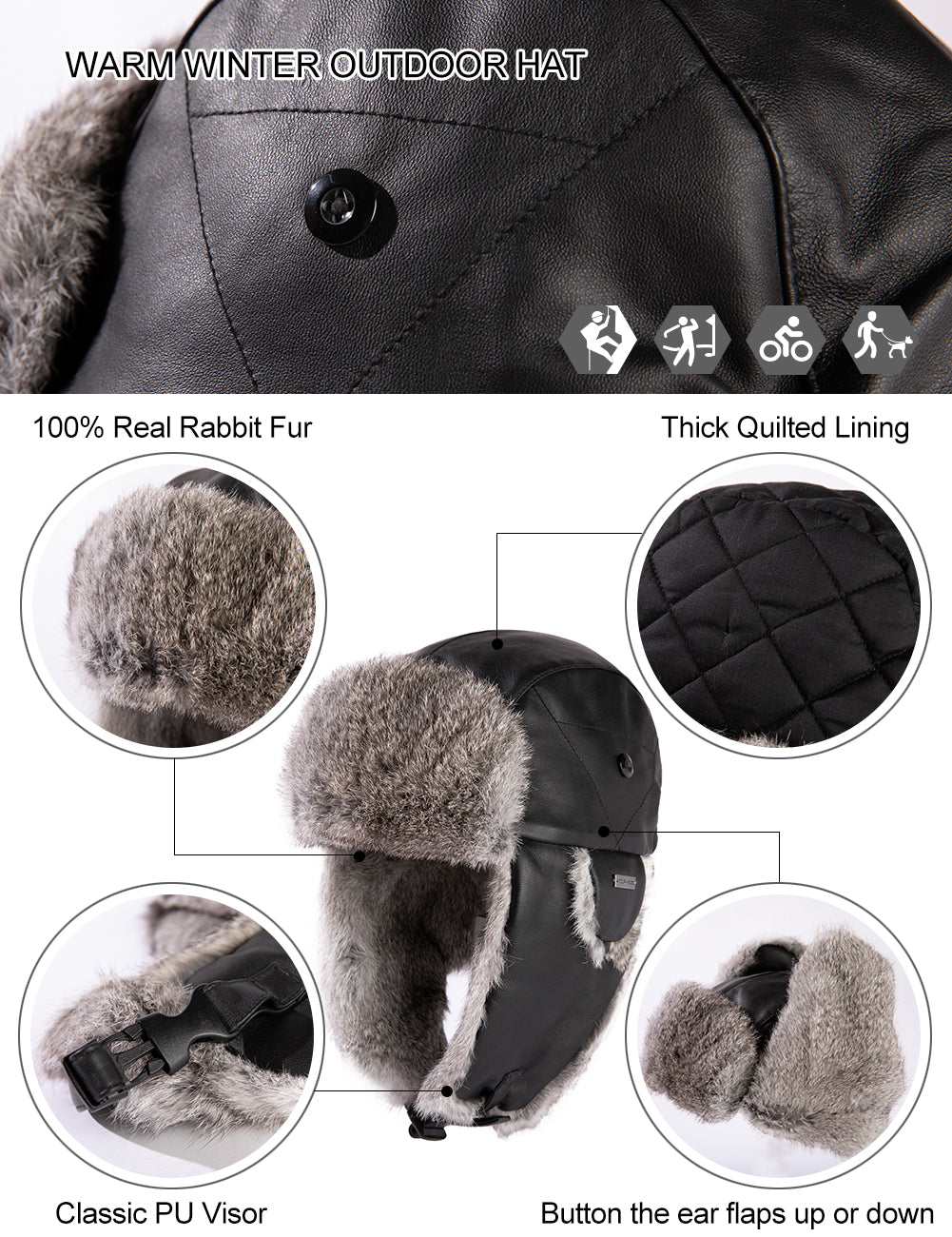 Real Rabbit Fur Leather Trapper Hat with Sheepskin & Earflaps – TOP-EX