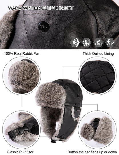 Real Rabbit Fur Leather Trapper Hat with Sheepskin & Earflaps