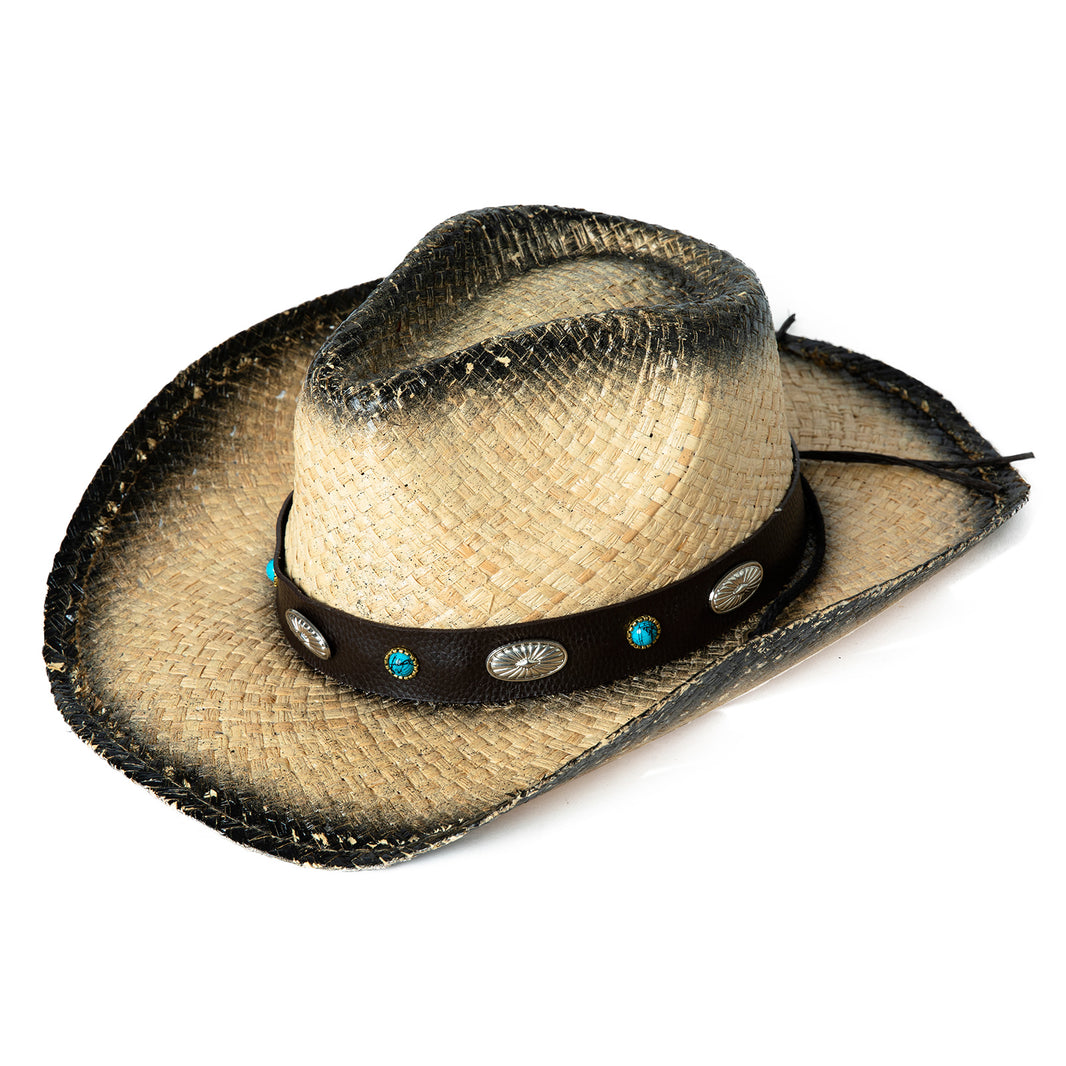 Raffia Straw Western Cowgirl Hat with Chin Cord & Leather Band