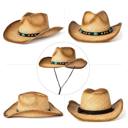 Round Crown Western Straw Cowgirl Hat with Chin Strap