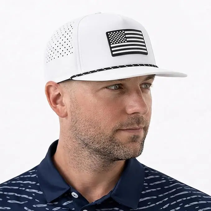 White Black Flag Flat Bill Golf Cap UVCoolix™ Snapback TOP-EX