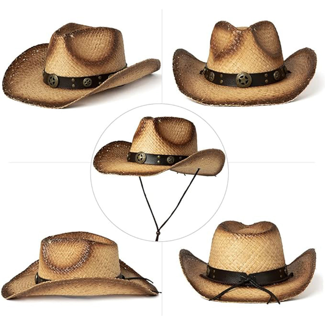 Western Straw Cowboy Fedora Hat with Chin Cord