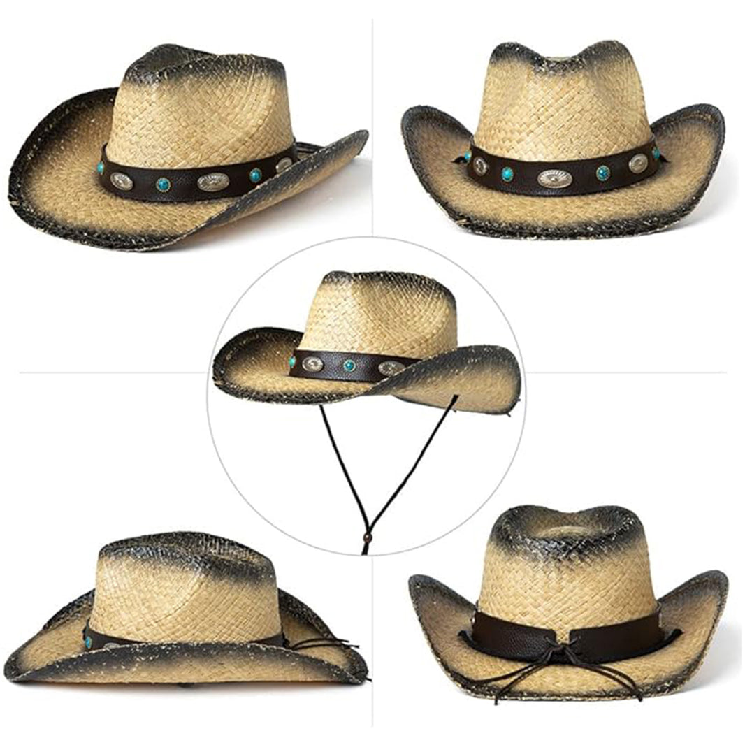 Raffia Straw Western Cowgirl Hat with Chin Cord & Leather Band