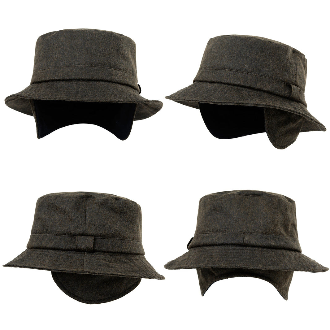 Waterproof Waxed Cotton Bucket Hat with Fleece-Lined Ear Flaps - Unisex Winter Hat (L/XL/XXL) TOP-EX